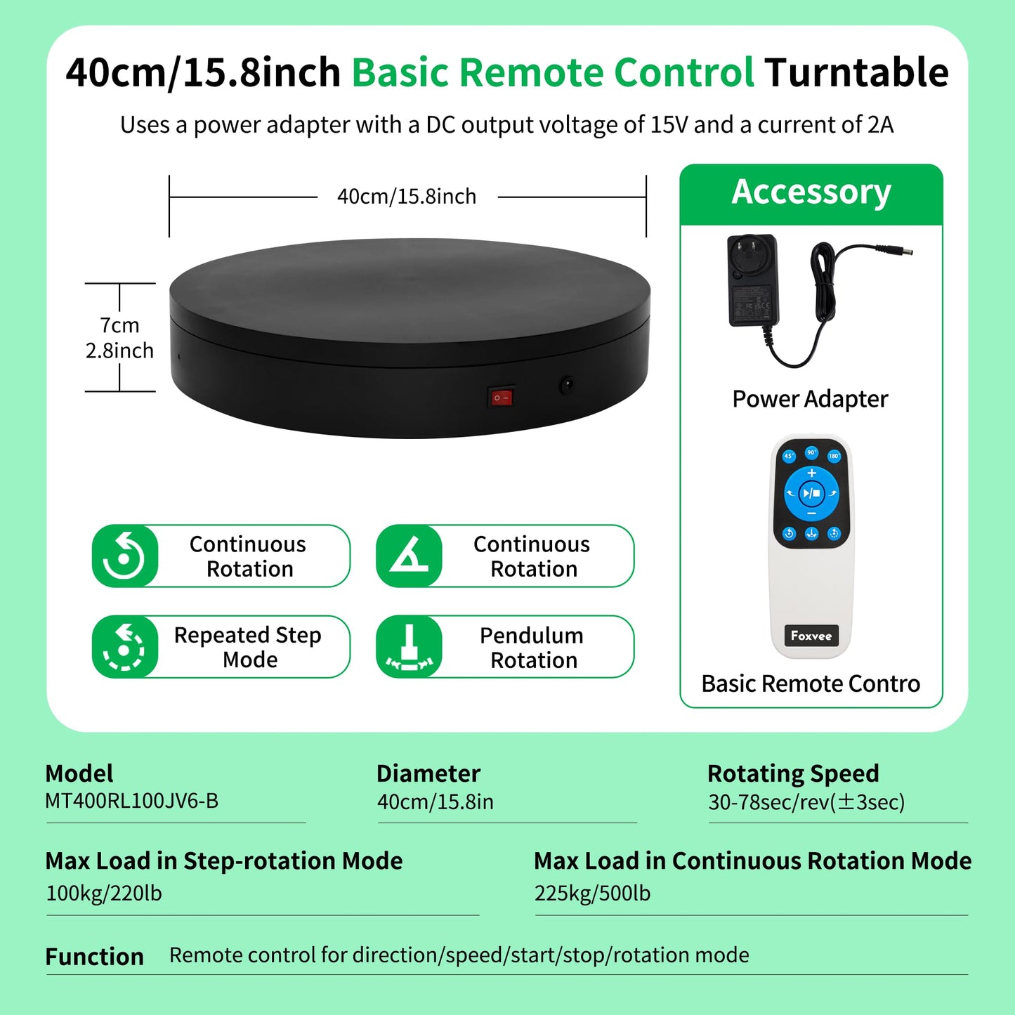 Foxvee Remote-Controlled Motorized Turntable,Heavy Duty Motorized Rotating Display Stand,Speed-Adjustable Rotating Platform,Multi-Mode Photography Turntable for 3D Scan,Showcase(15.8in/Black)