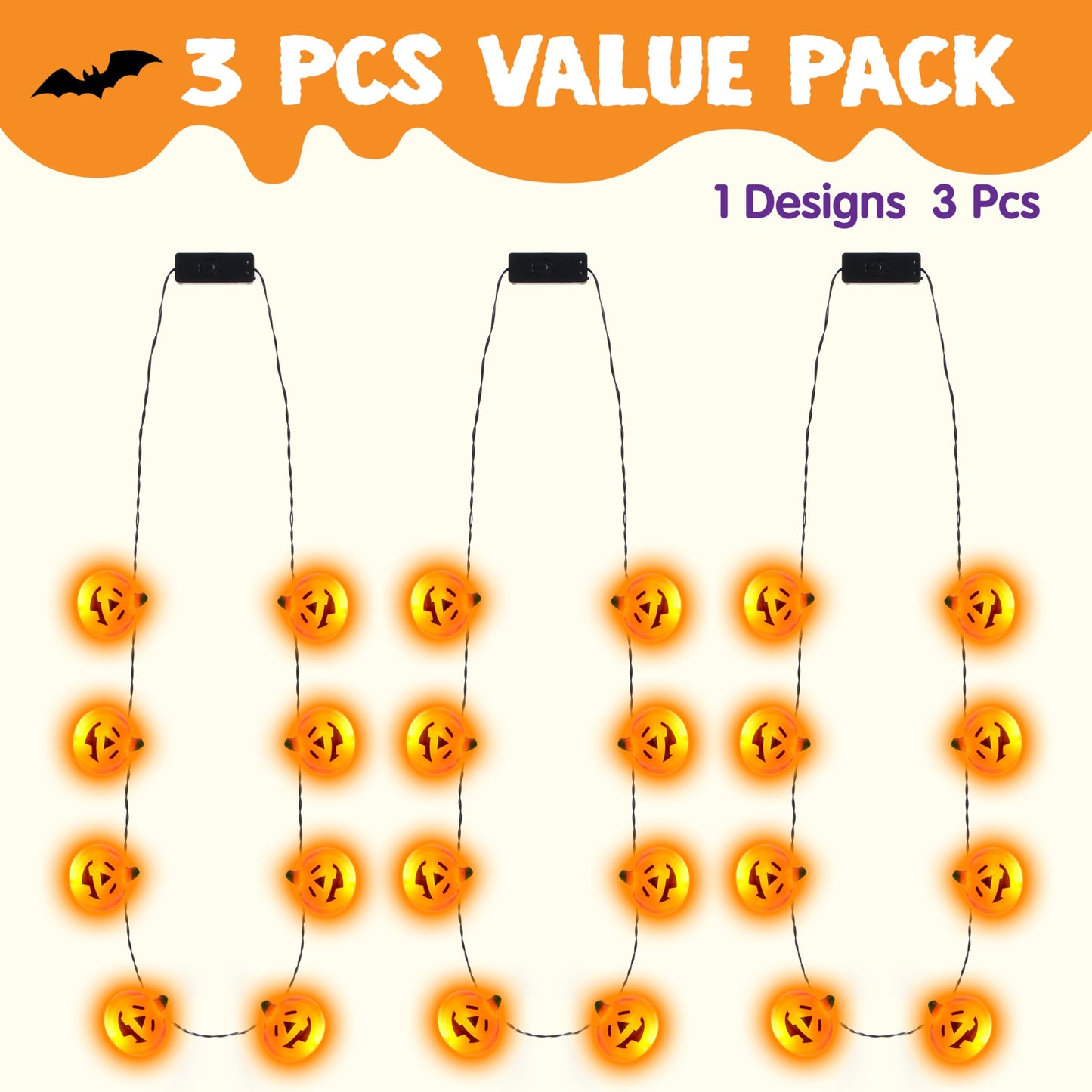 JOYIN 3 Pcs Halloween LED Necklace Pumpkin Shaped Jack o' Lantern Glowing Necklaces for Halloween Party Favor and Supplies, Party Costume Accessory Supplies