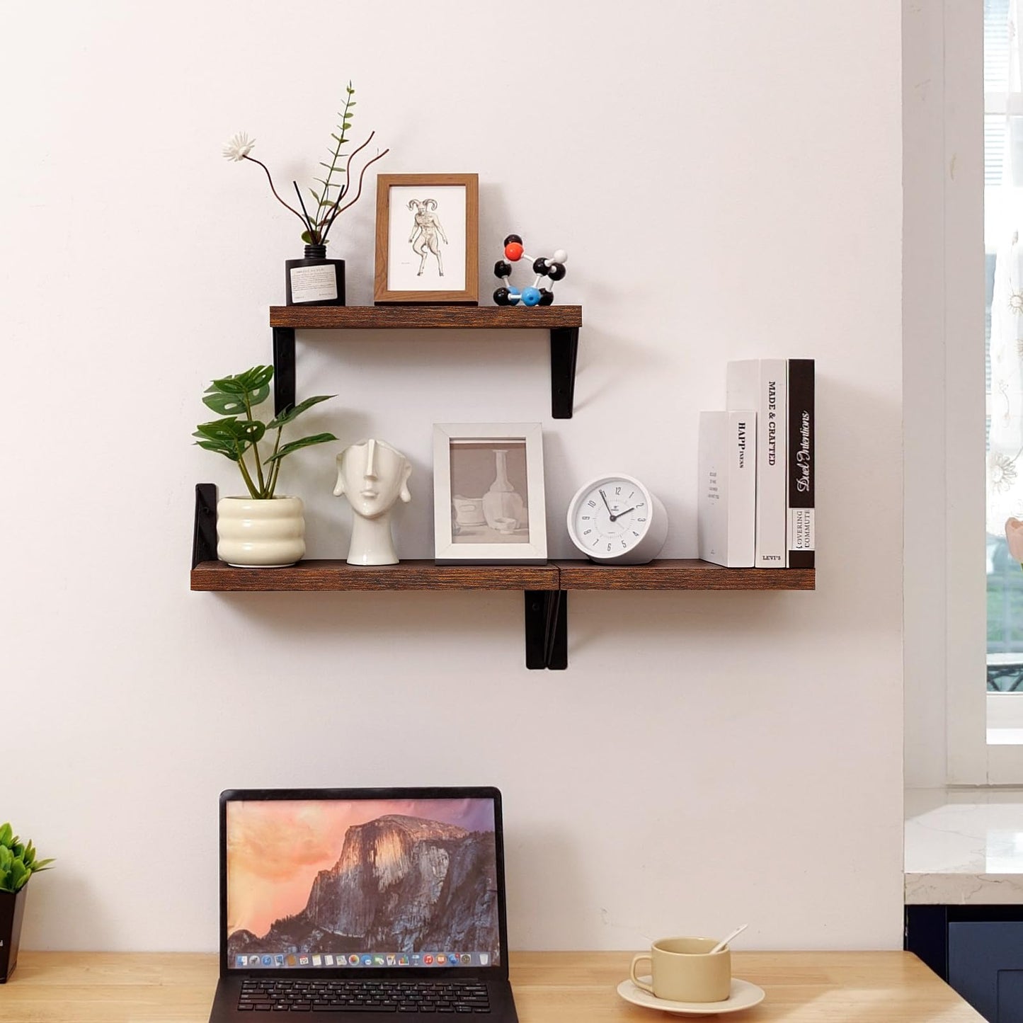 BAYKA Wall Shelves for Bedroom Decor, Floating Shelves for Wall, Display Mounted Rustic Wood Shelf for Books,Plants,Corner Shelves for Bathroom,Kitchen,Living Room(Rustic Brown,Set of 3)