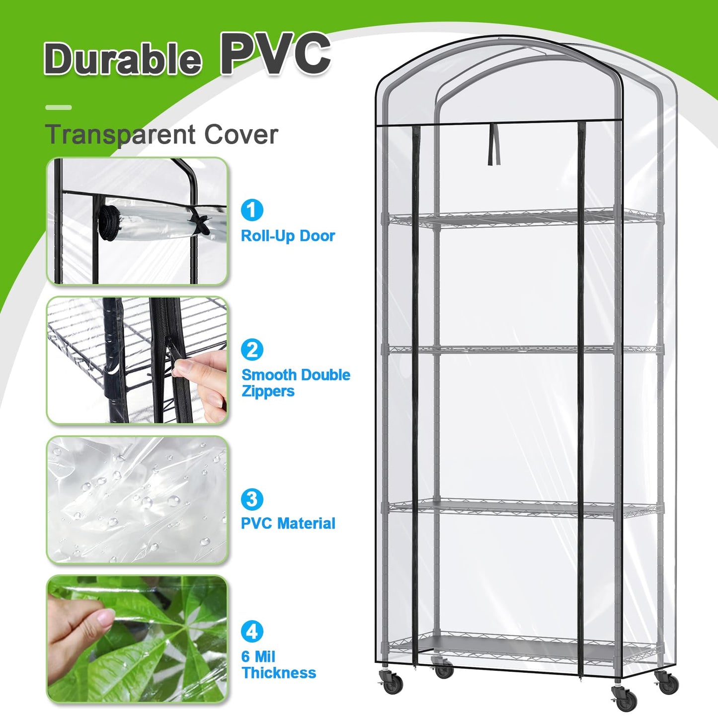 Abimars 4-Tier Greenhouse with Wheels, Height-Adjustable Shelves Metal Plant Shelf with PVC Cover for Seed Starting Trays, Seedling Pots, Plant Pots, 13x29x73inch