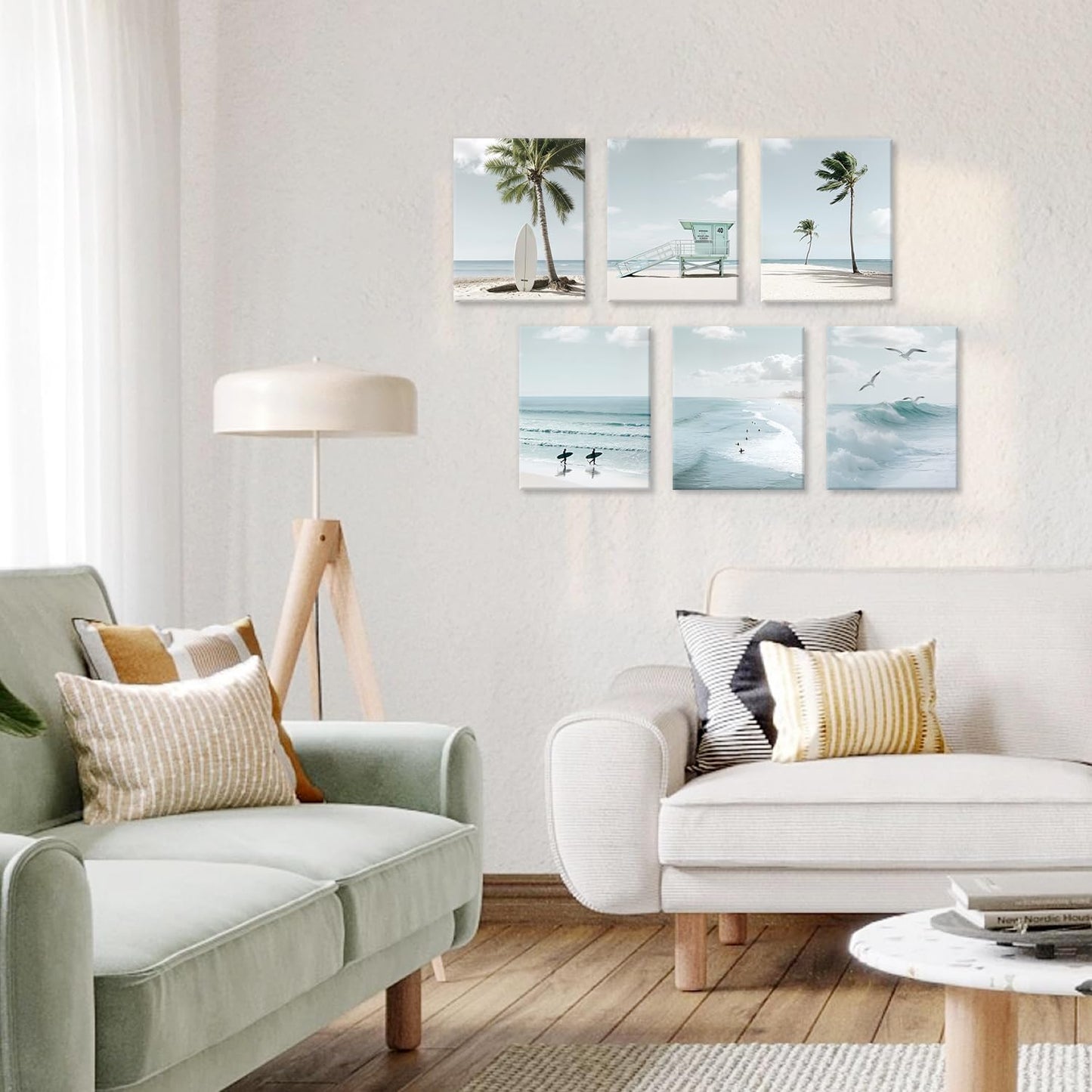 CHDITB Beach Canvas Wall Art, Coastal Palm Tree Surfboard Wall Decor, Ocean Wave Seagull Artwork, Minimalist Surfing Pictures, Tropical Beach Prints for Bathroom Living Room seaside Bedroom 8”x10”x6