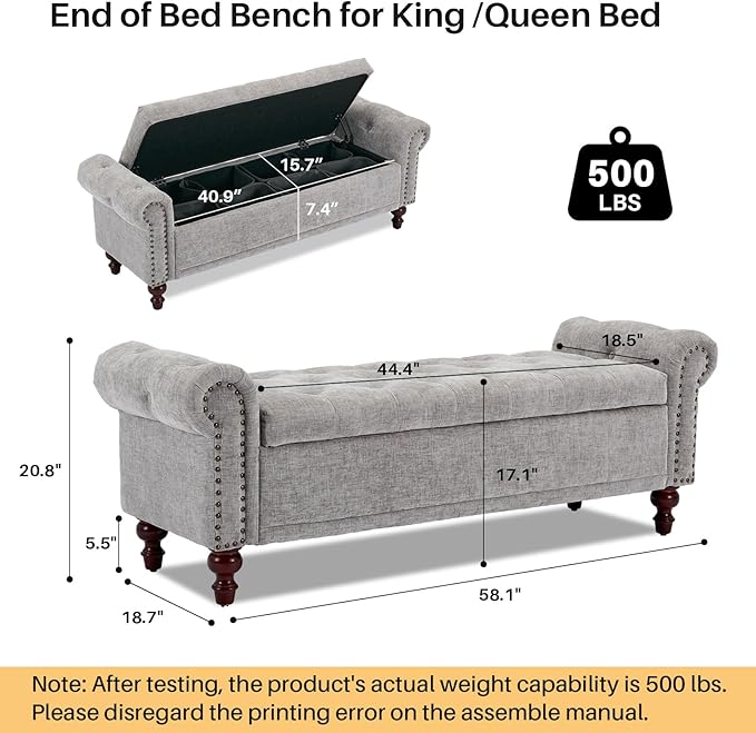 SOFTHION 58.1" Storage Bench Upholstered Chenille End of Bedroom Bed Bench
