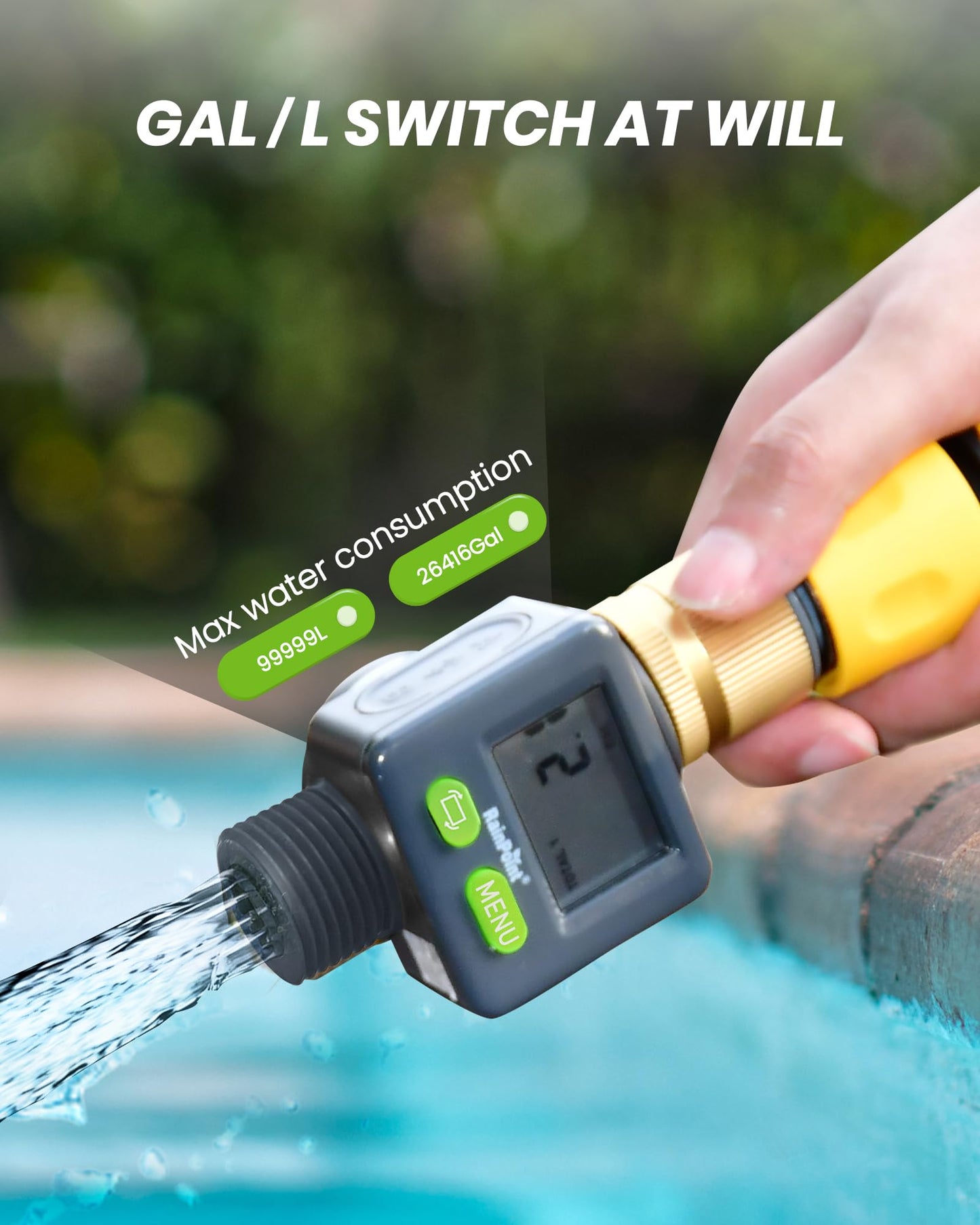 Rainpoint Water Flow Meter with Brass Inlet, 180°Screen-Flip Garden Hose Flow Meter, Measure up to 9999.9 Gallon/Liter Consumption & Flow Rate for RV, Garden Hose, Sprinkler & Nozzle Sprayer