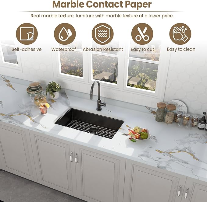 practicalWs Glossy Marble Wallpaper Peel and Stick White/Gold Granite Contact