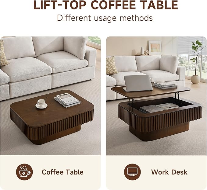 Lift Top Coffee Table for Living Room, Rectangle Handmade Solid Wood Strips