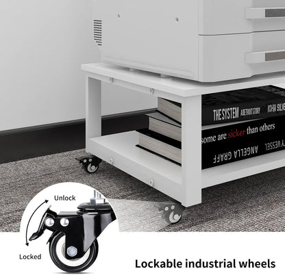 Natwind 2 Tier Laser Printer Stand,23.6''x23.6'' Large Printer Table,Copier Stand with Wheels, Heavy Duty Rolling Printer Cart with Paper Storage Shelf for Home Office (White)