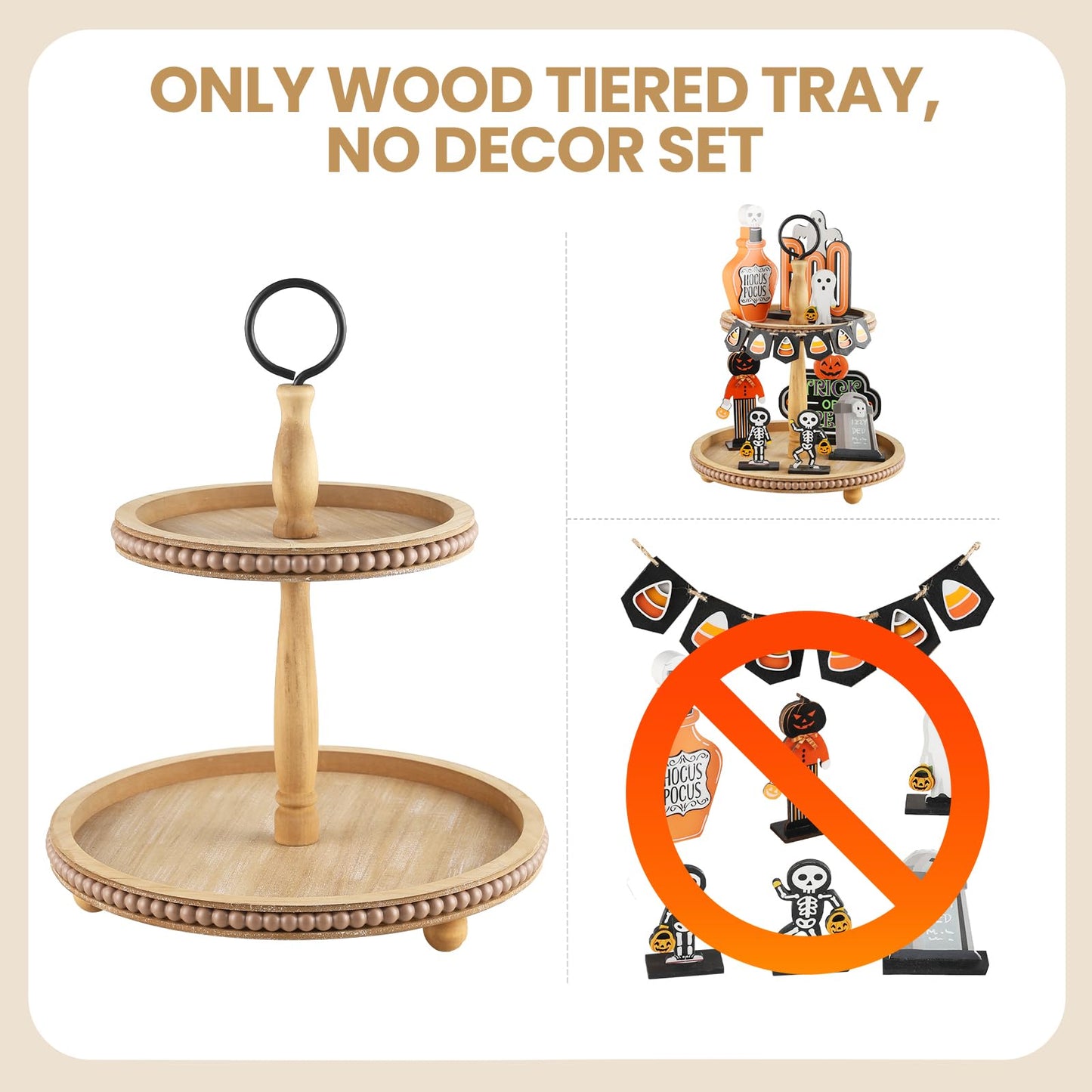 Beaded Tiered Tray Stand, Rustic Wooden 2 Tier Decorative Tray with Bead Garland, Farmhouse Round Wood Serving Tray Counter Centerpiece for Coffee Bar Home Decor Holiday Housewarming Gifts (Brown)