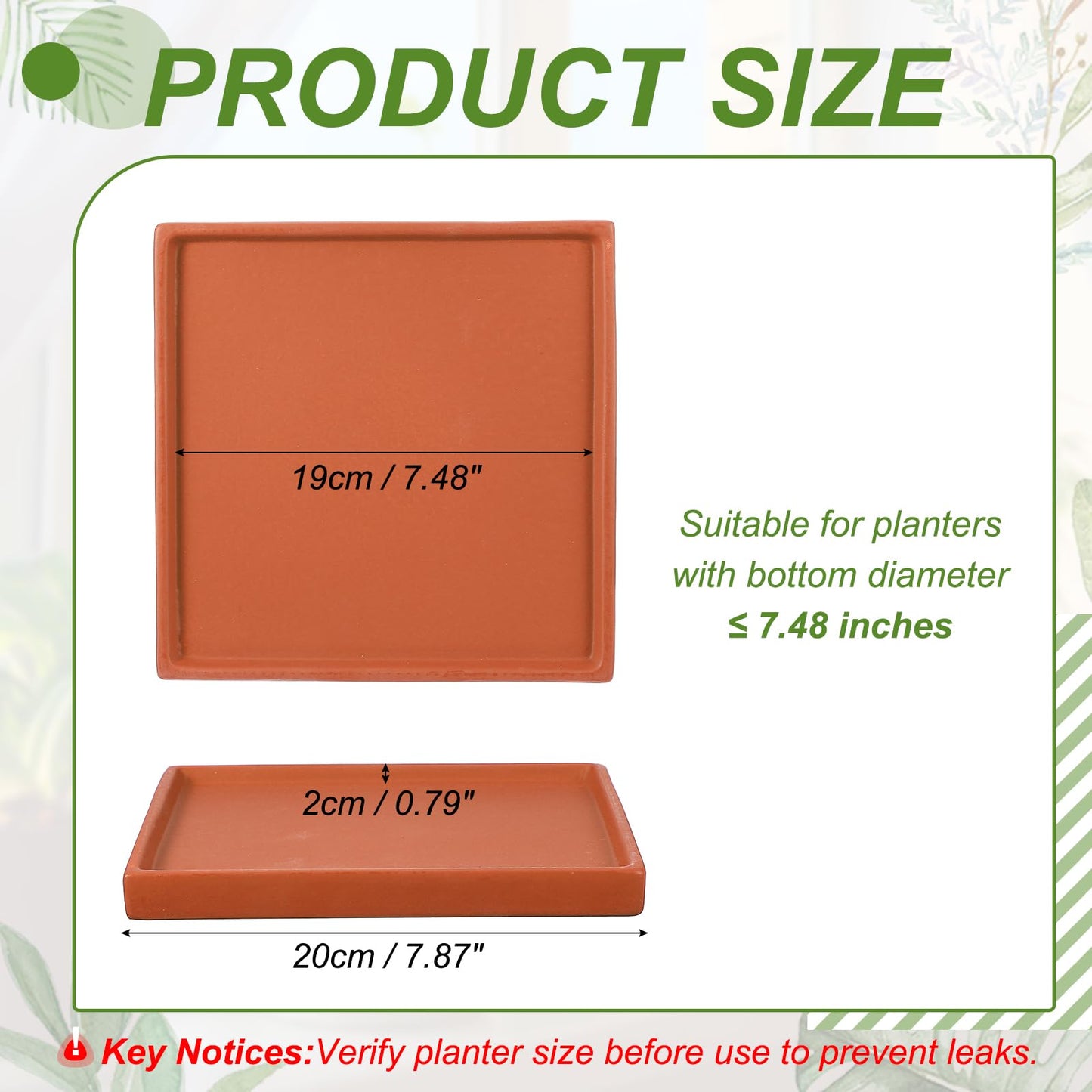 YELARXI 7.5 Inch Ceramic Plant Saucers, Square Flower Planter Water Trays Ceramic Plant Saucer Pot Tray -Fitting for (Outdoor/Indoors/Garden/Planting/Water/Flower/Coffee) Dark Orange