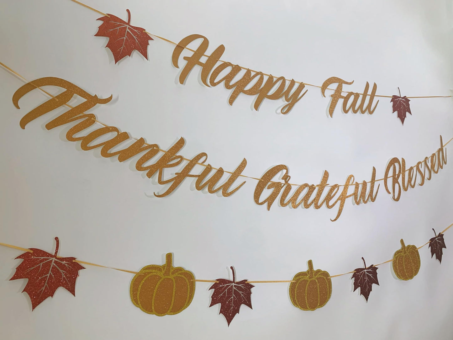 Tinbax Fall Decorations Home Thanksgiving decor - Happy Fall and Blessed Grateful Thankful Banner with Pumpkin Maple Leaves Sign Garland Banner(Pre-Strung)