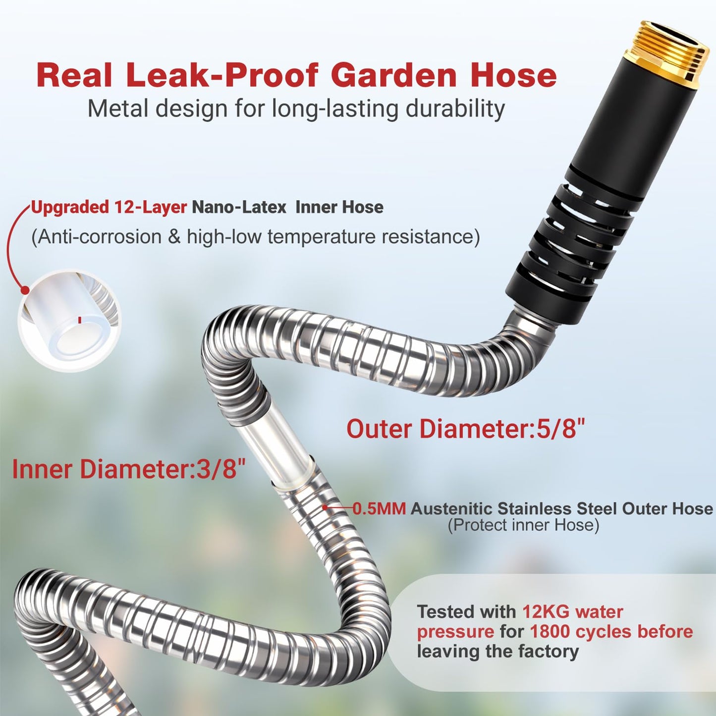 Lefree 50ft Metal Garden Hose - Heavy Duty 304 Stainless Steel Flexible Water Hose, No Kinks & Leak-Proof with Upgraded Handle, 10-Function Spray Nozzle for Balcony, Patio, Small Yard, Car Wash