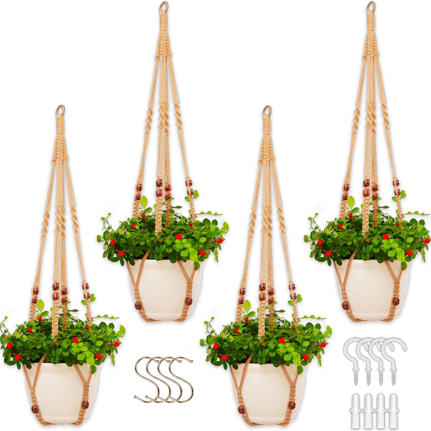 petonfun Macrame Plant Hanger Indoor Set,Hanging Planters for Indoor Plants Outdoor,Hanging Plant Holder Basket Pot with 8 Hooks,Boho Home Decor Crochet Beads Window Ceiling,No Tassels 4 Pack,Brown