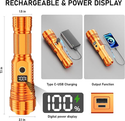 Flashlights High Lumens Rechargeable, 100,000LM LED Super Bright Flash Light, Zoomable Linternas with LCD Digital Display, 5 Mode, Waterproof, Powerful Tactical Flashlight for Emergencies Camping Gift