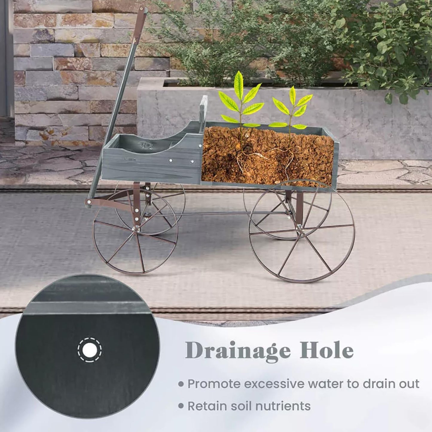 Wagon Planter, Decorative Wooden Garden Planter with Wheels, 2 Planting Sections and Adjustable Handle, Indoor Outdoor Backyard Balcony Decor (Grey)