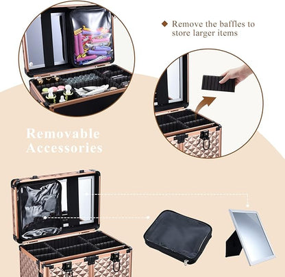 Professional Makeup Artist Rolling Train Case Multi-functional Cosmetic Train Case Large Trolley Storage Case for Nail Technicians Cosmetology Case for Hairstylist Rose Gold