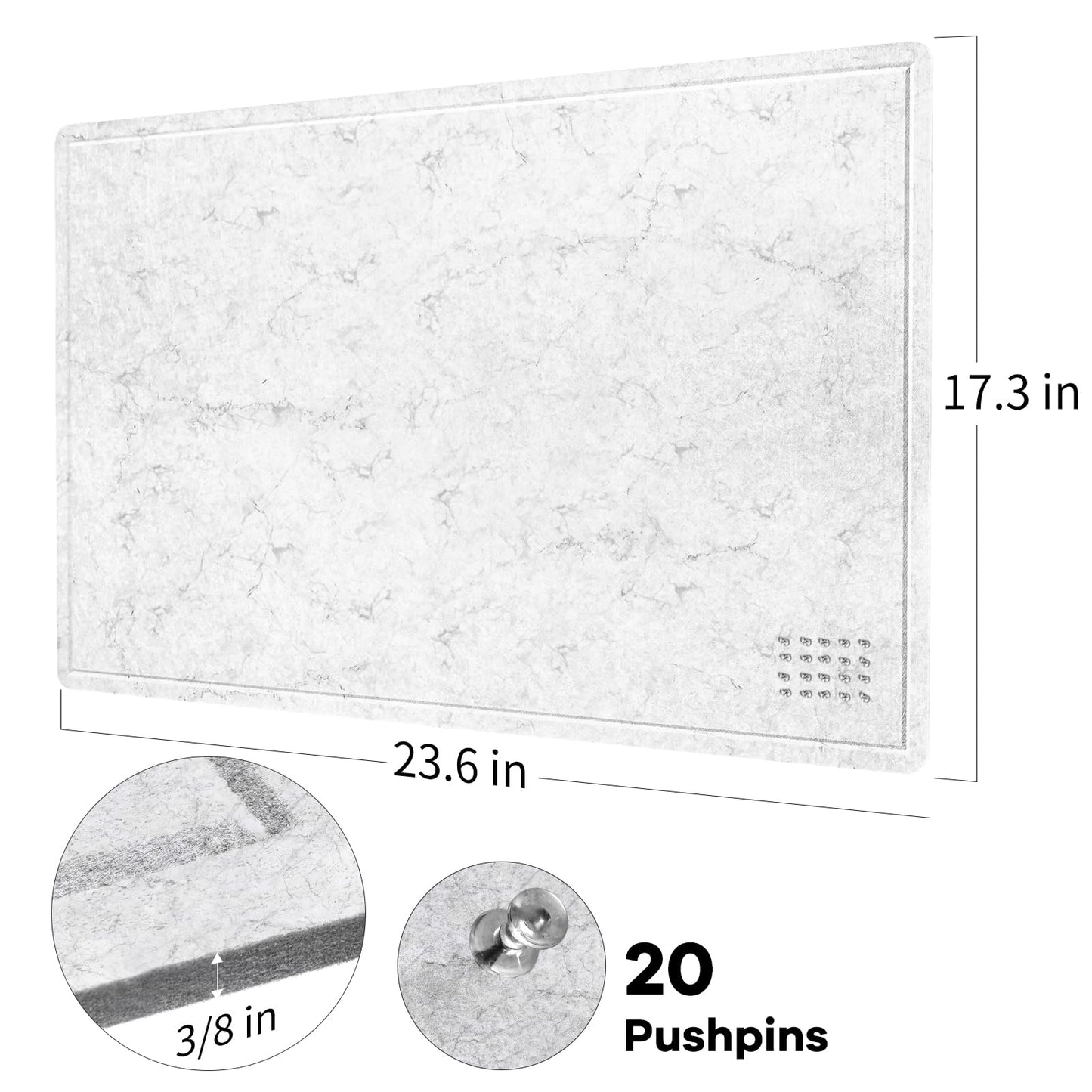 Lightomorrow Bulletin Board, 24 x 18 inches Felt Board Decorative Pin Board, Cork Board Alternative for Wall, Foldable Photo Board Self-Adhesive Vision Board Mood Board with 20 Pushpins - Marble White