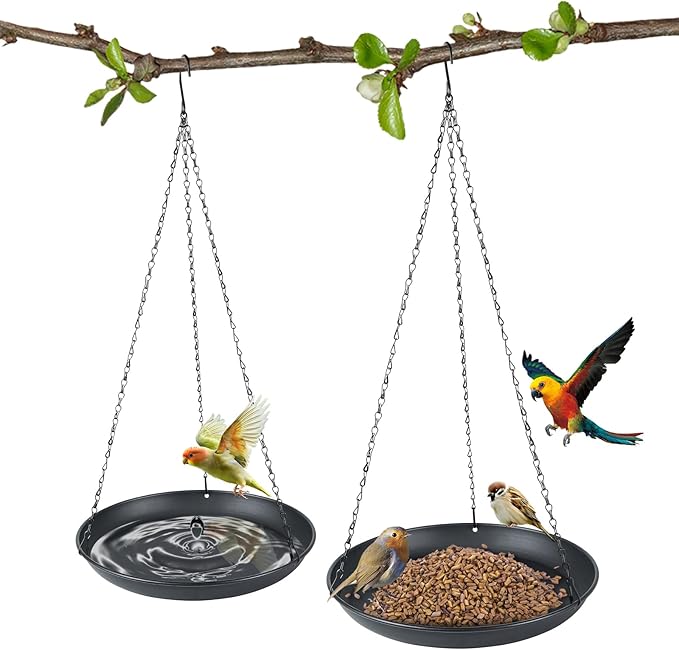 2-Pack Hanging Bird Bath, Outdoor Metal Birdbath with Shallow Feeder Bowl for Wild Birds, Garden, Patio, Deck & Yard, 2 Size (9.8"/11.8" Diameter) (11.8IN-2PACK)