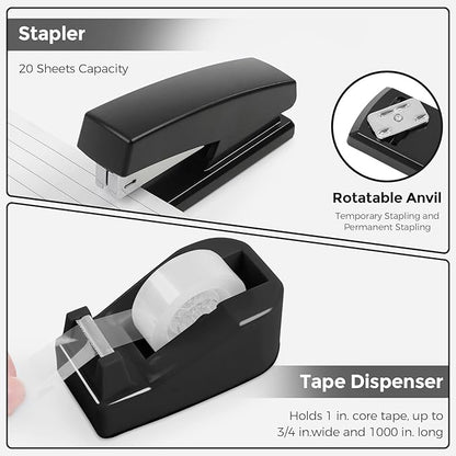 SKYDUE Black Office Supplies, Mesh Desk Organizer, Stapler, Tape Dispenser, Scissors, Binder/Paper Clips and 1000pcs Staples, Desk Supplies Set