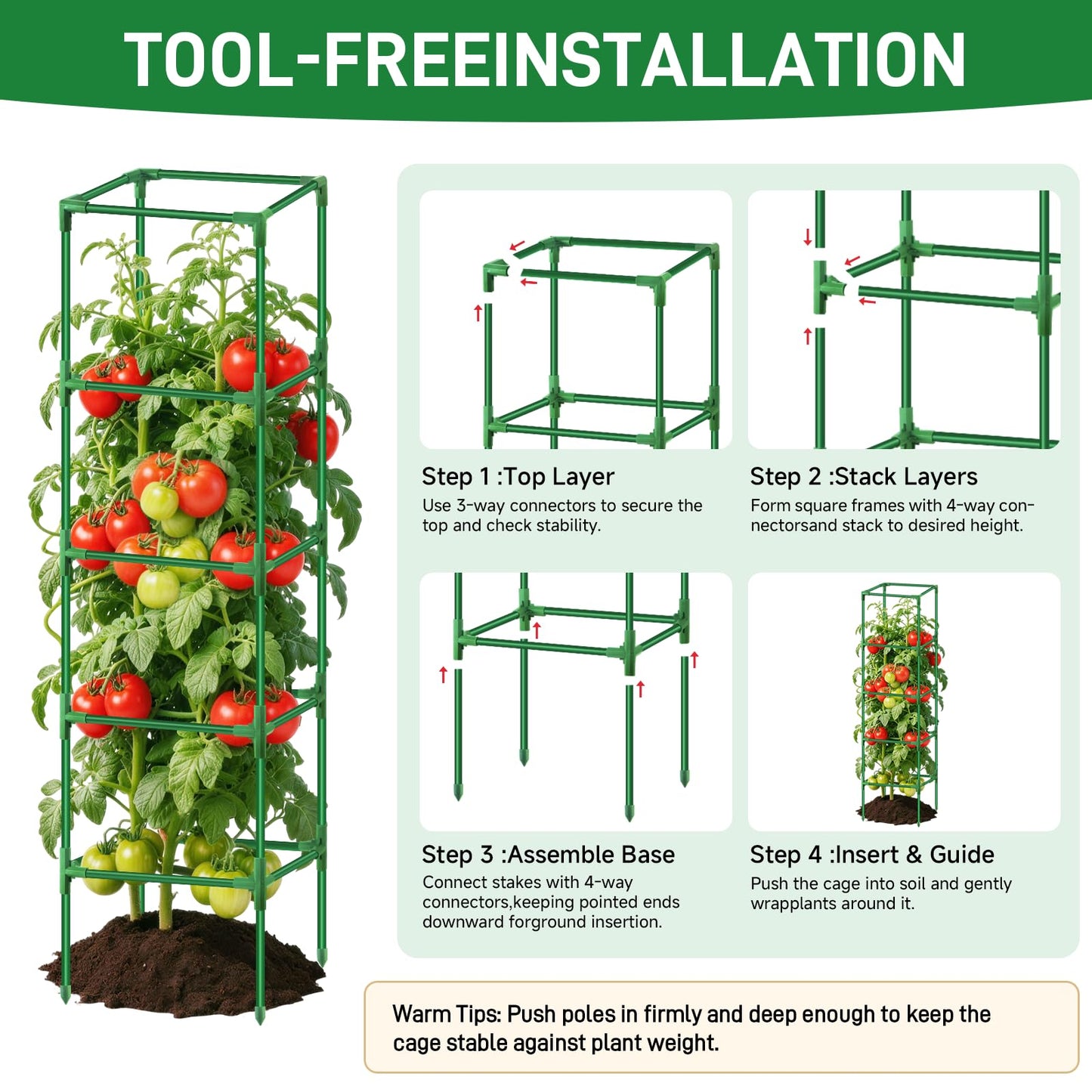 Square Tomato Cages Heavy Duty 3 Pack, Up to 59.6 Inches Tall Adjustable Tomato Trellis Cage for Garden, Plant Support for Vegetables Climbing Plants, Pots Raised Garden Bed Outdoor