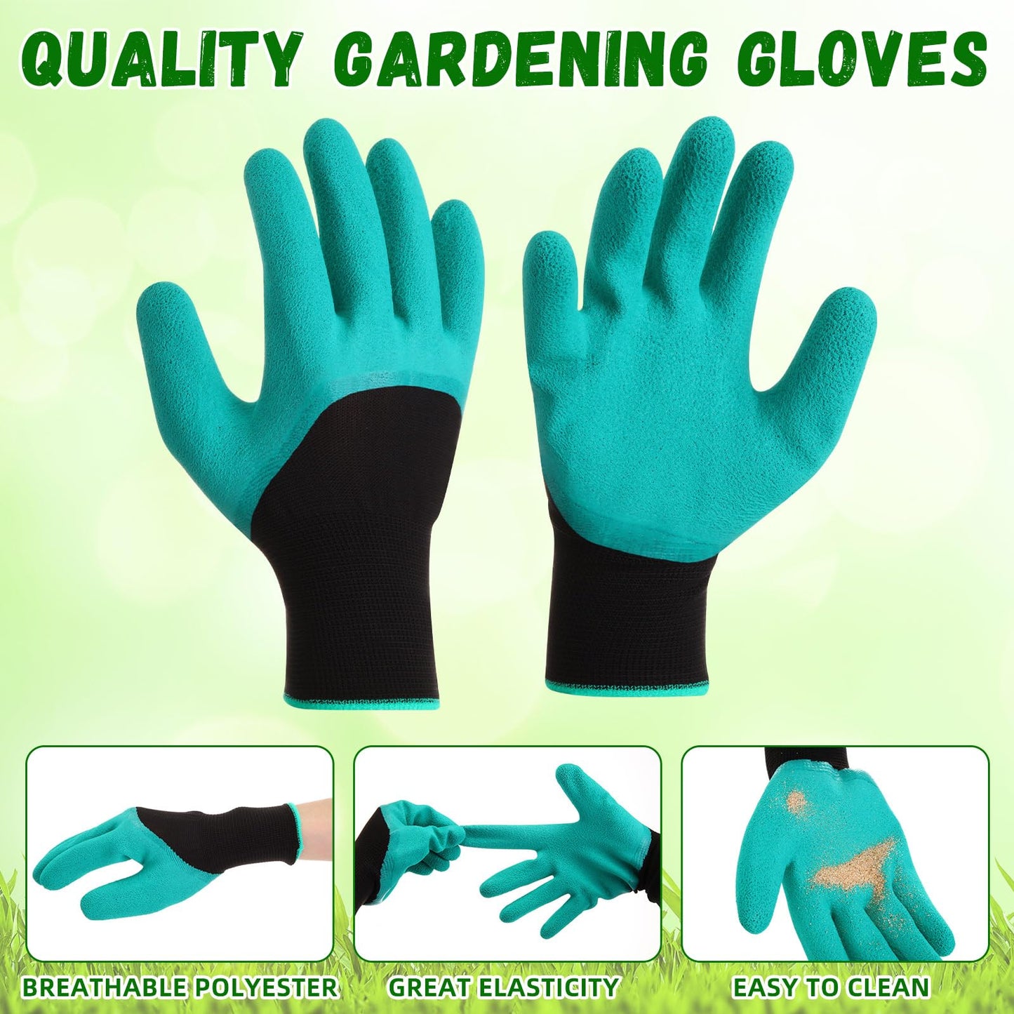 Reallnaive 4 Pcs 6.7 Inch Seedling Transplant Tongs with Gardening Gloves 2 Stainless Steel Gardening Plants Transplant Tongs 2 Rubber Coated Protective Gloves with Grip for Reducing Root Damage