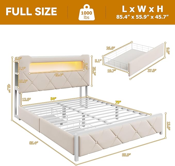 Full Upholstered LED Bed Frame