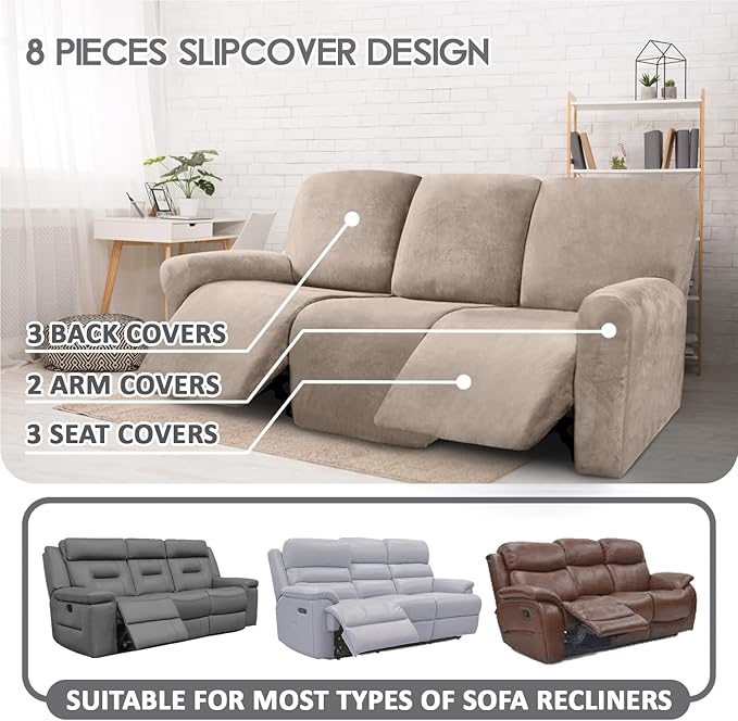 ULTICOR Velvet 8-Pieces Recliner Sofa Covers Stretch Reclining Couch Covers