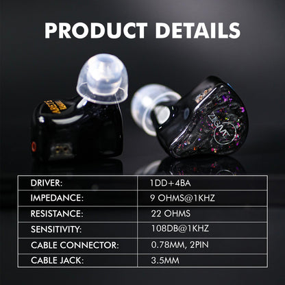 Linsoul ZiiGaat x Fresh Reviews Arete in Ear Monitor, 1DD+4BA Hybrid Earphone IEM, Wired Gaming Earbuds, Studio Monitor Tunning, with Detachable IEM Cable for Musician Audiophile(Black)