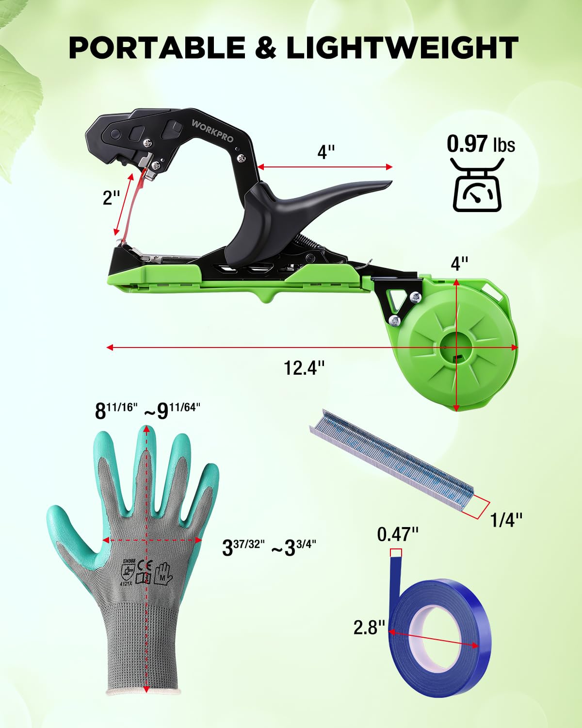 WORKPRO Plant Tying Machine, Lightweight Tape Gun for Tying Vines and Support Plants, Includes Gloves, 20 Rolls of Tape, 10,000 Staples, Ideal for Tomatoes, Grapes, Cucumber and Vegetables
