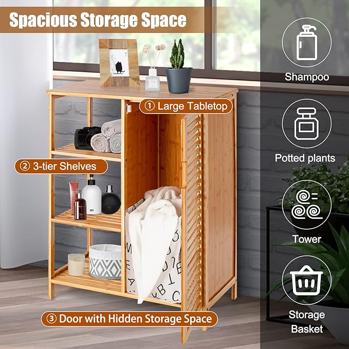 Tangkula Bamboo Bathroom Floor Cabinet, Storage Cabinet