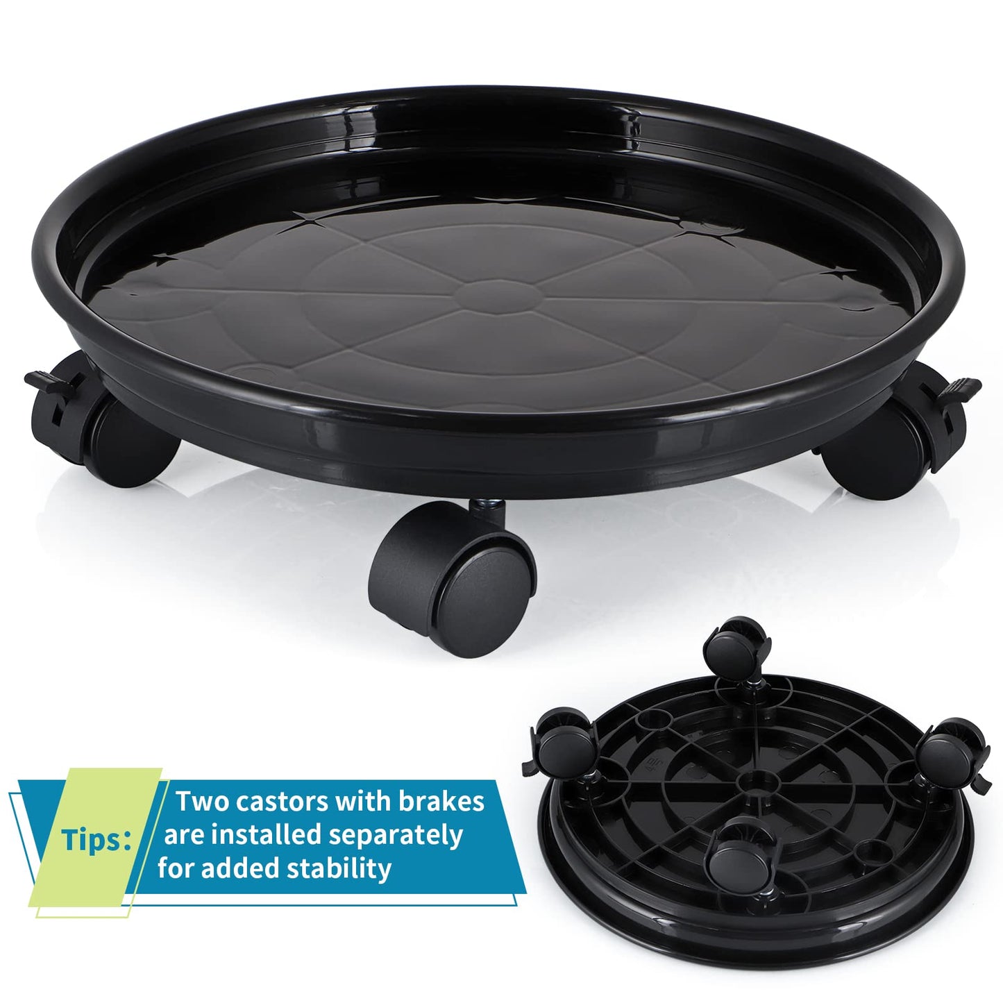 Skelang 13" Plant Caddy, Movable Plant Stand Pot Saucer, Plant Pallet Tray Trolley with Casters, Plant Dolly for Garden Planter, Deck Potted Plant, Each Load Capacity 125 Lbs, Pack of 2 (Black)