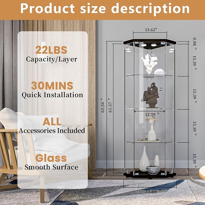LFT HUIMEI2Y Glass Display Corner Cabinet 4-Shelf, Curio Cabinets Fast