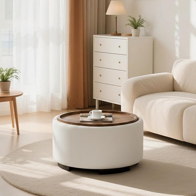 29.5 Inch Round Storage Ottoman Coffee Table, Modern Circle Coffee Table