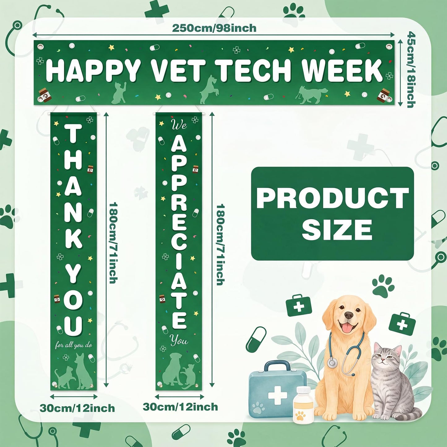 Fanfanwin 3 Pcs Happy Vet Tech Week Banner We Appreciate Thank You Veterinary Technician Week Decorations Green White Vet Hospital Staff Party Supplies for Hard Work Nurse Enthusiast