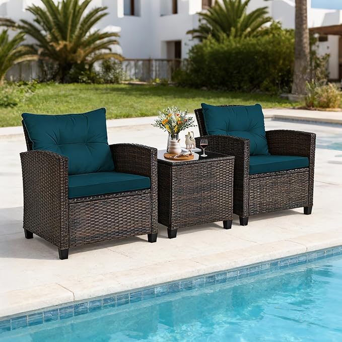 COSTWAY 3PCS Patio Furniture Set, PE Rattan Wicker Sofa w/Washable Cushion and