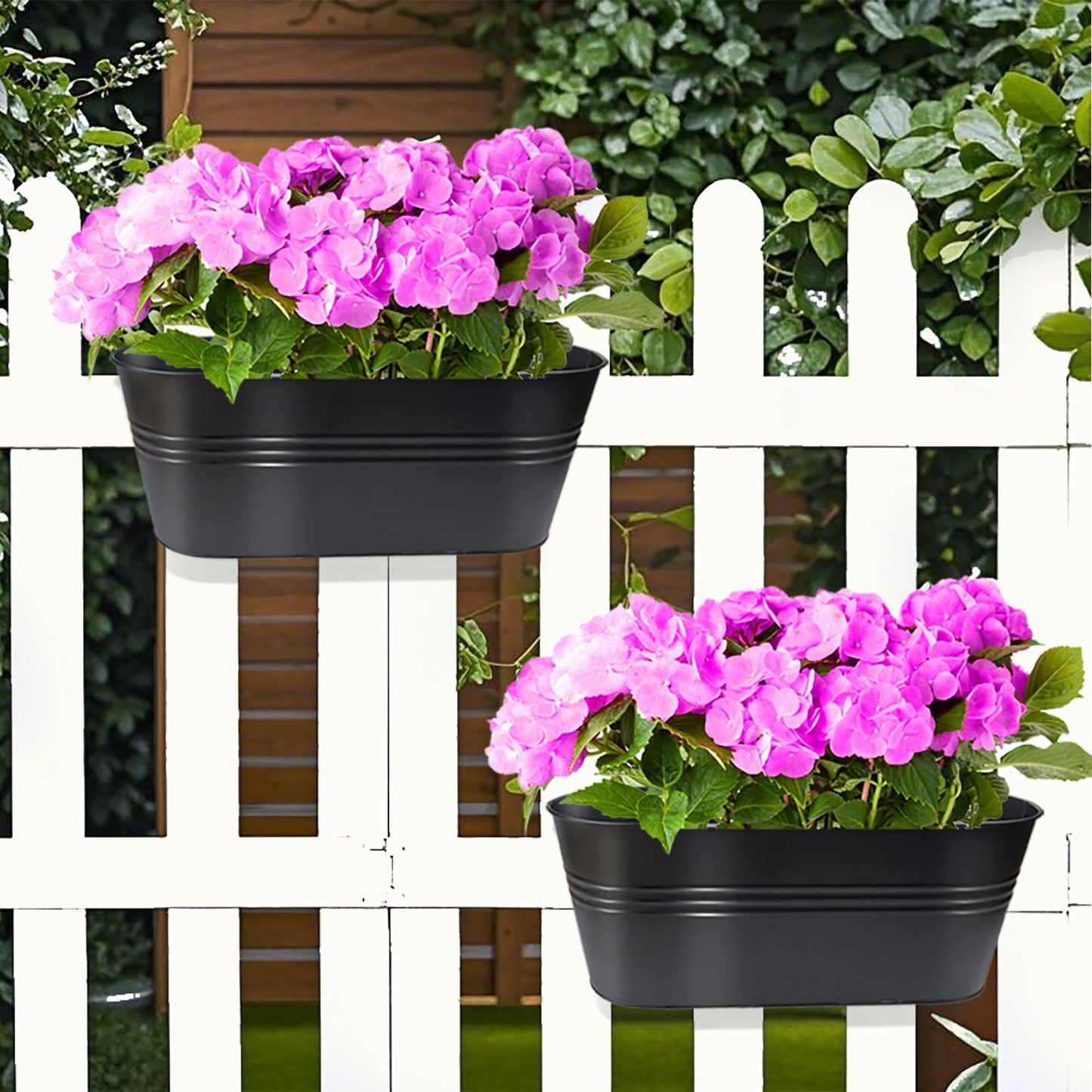 Venyat 16 Inch 4 PCS Metal Hanging Flower Pots for Railing Fence, Large Railing Planters for Outdoor Plants, Fence Hanging Planters with Detachable Hooks for Garden Balcony