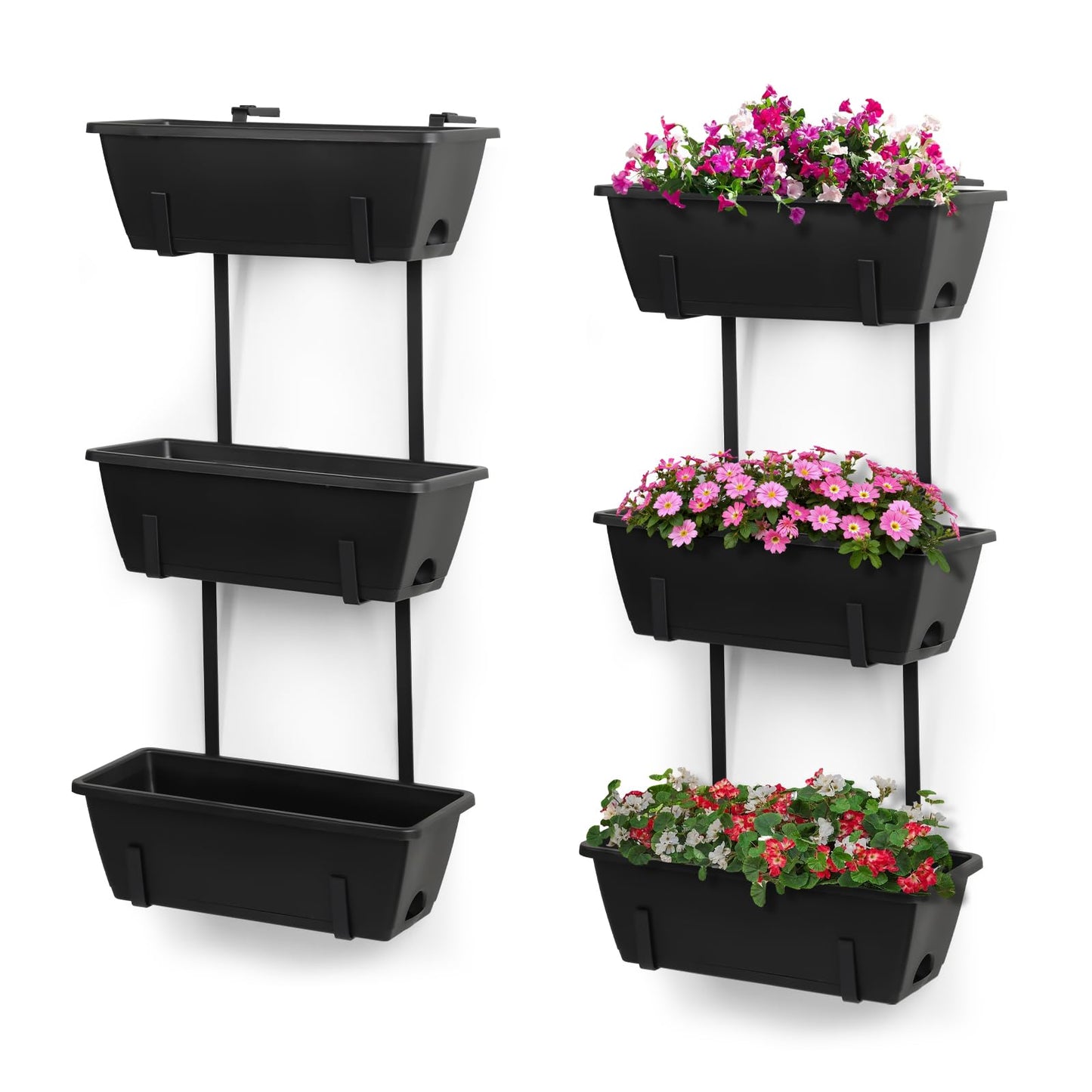 OYEAL Railing Planter Box Black Hanging Window Boxes Planter with Adjustable Brackets, Outdoor Set of 2 Deck Rail Planters with 6 Detachable Plastic Flower Pots for Garden Fence, Patio, Windowsill
