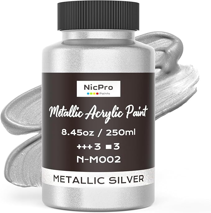 Nicpro Metallic Silver Acrylic Paint, 8.45oz/250ml Silver Leaf Paint, Non Toxic