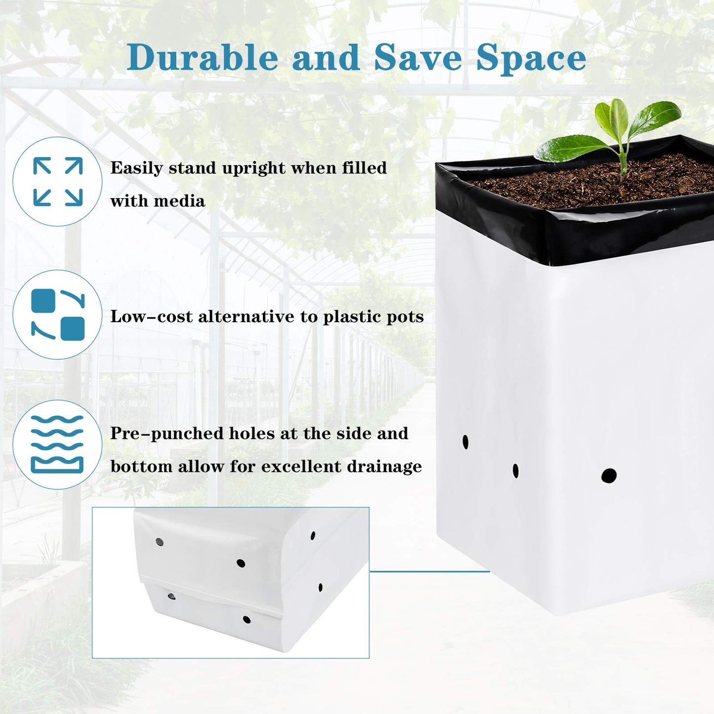 iPower GLGROWBAGFILM3X50 50-Pack 3 Gallon Black and White Grow Bags Panda Film Containers for Plants, Seedling and Rooting, Square Shape