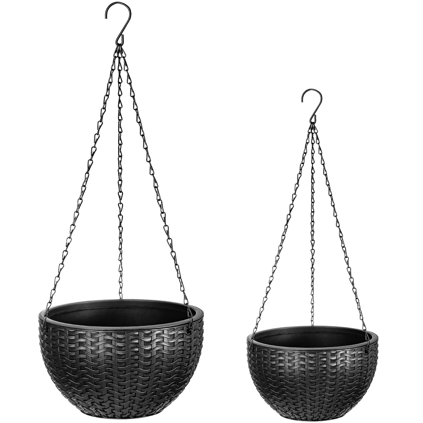 Foraineam Dual-Pot Self-Watering Hanging Planters, Black, 2 Pack, Indoor/Outdoor, Rattan Design, 10.2in and 8.2in
