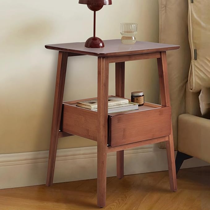 Fluted Nightstand with Drawer – Tall Solid Bamboo Bedside Table with Open Shelf