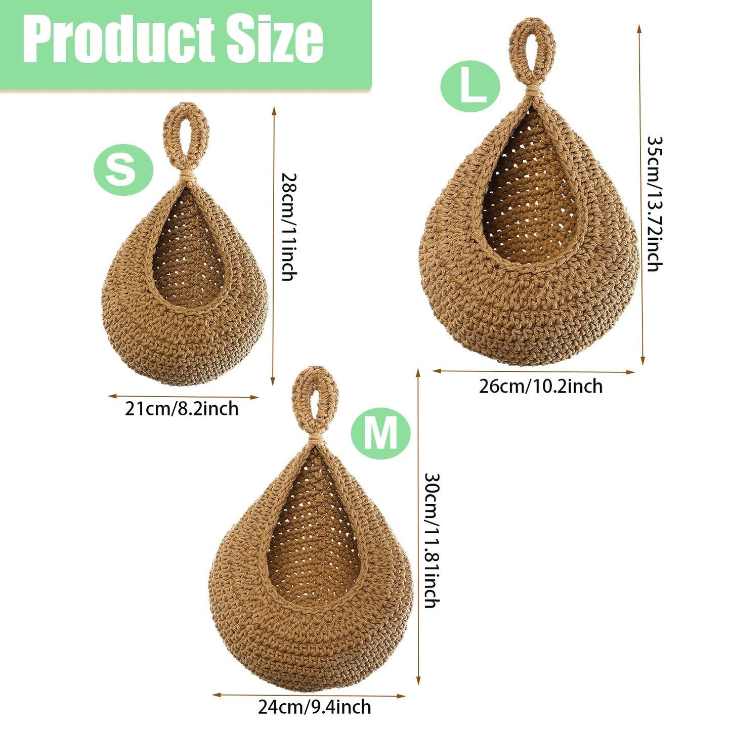 Velloray Hanging Fruit Baskets for Kitchen - Handwoven in 3 Sizes Boho Wall Hanging Basket with 3 Hooks, Bohemian Teardrop Jute Hanging Holder for Fruits Vegetable Potato Onion Storage