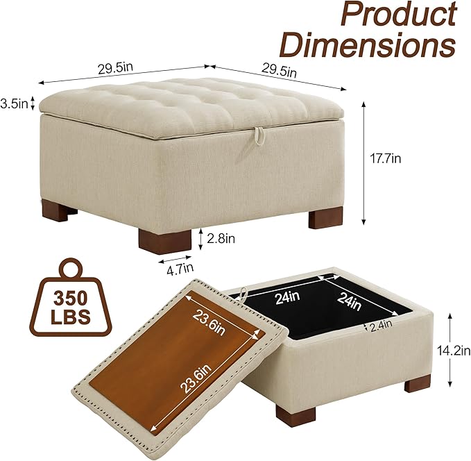 WUTUTUEE 30" Fabric Square Storage Ottoman