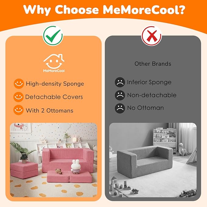 MeMoreCool Pink Corduroy Kids Play Couch, Modular Toddler Couch