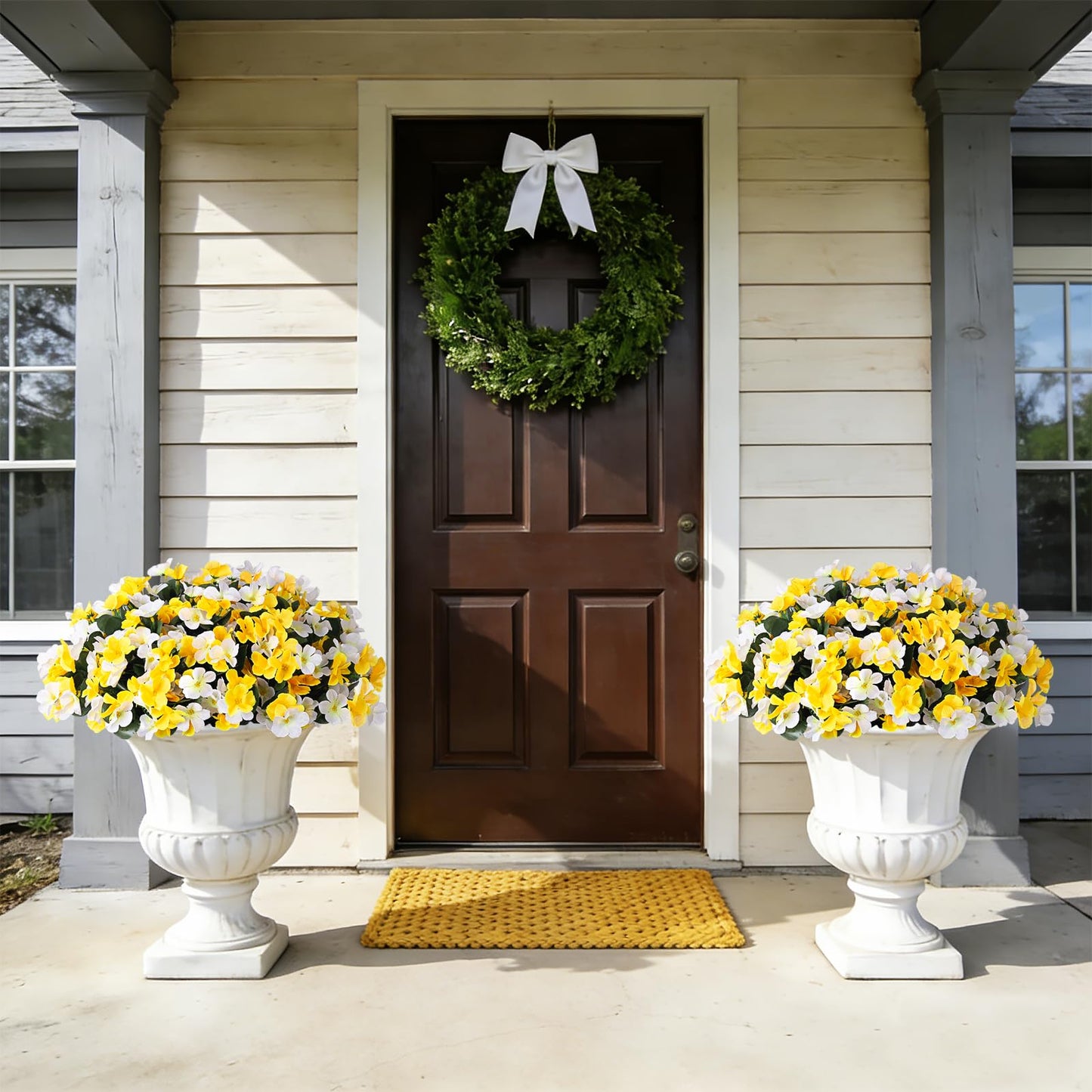 INXUGAO Artificial Hanging Flowers with Basket for Outdoor, Fake Hydrangea UV Resistant Arrangements in Pot Planter Spring Summer Decor for Porch Garden Yard(Yellow White)