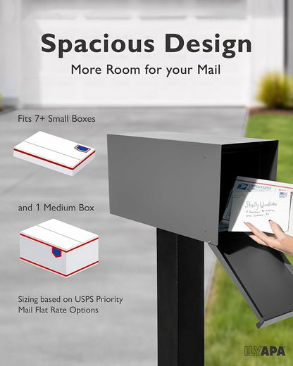 Ilyapa Modern Mailbox for Post Mount - Gray with Gray Door Powder Coated Steel, Waterproof Letter Box for Parcels, with Recessed Magnetic Close Door