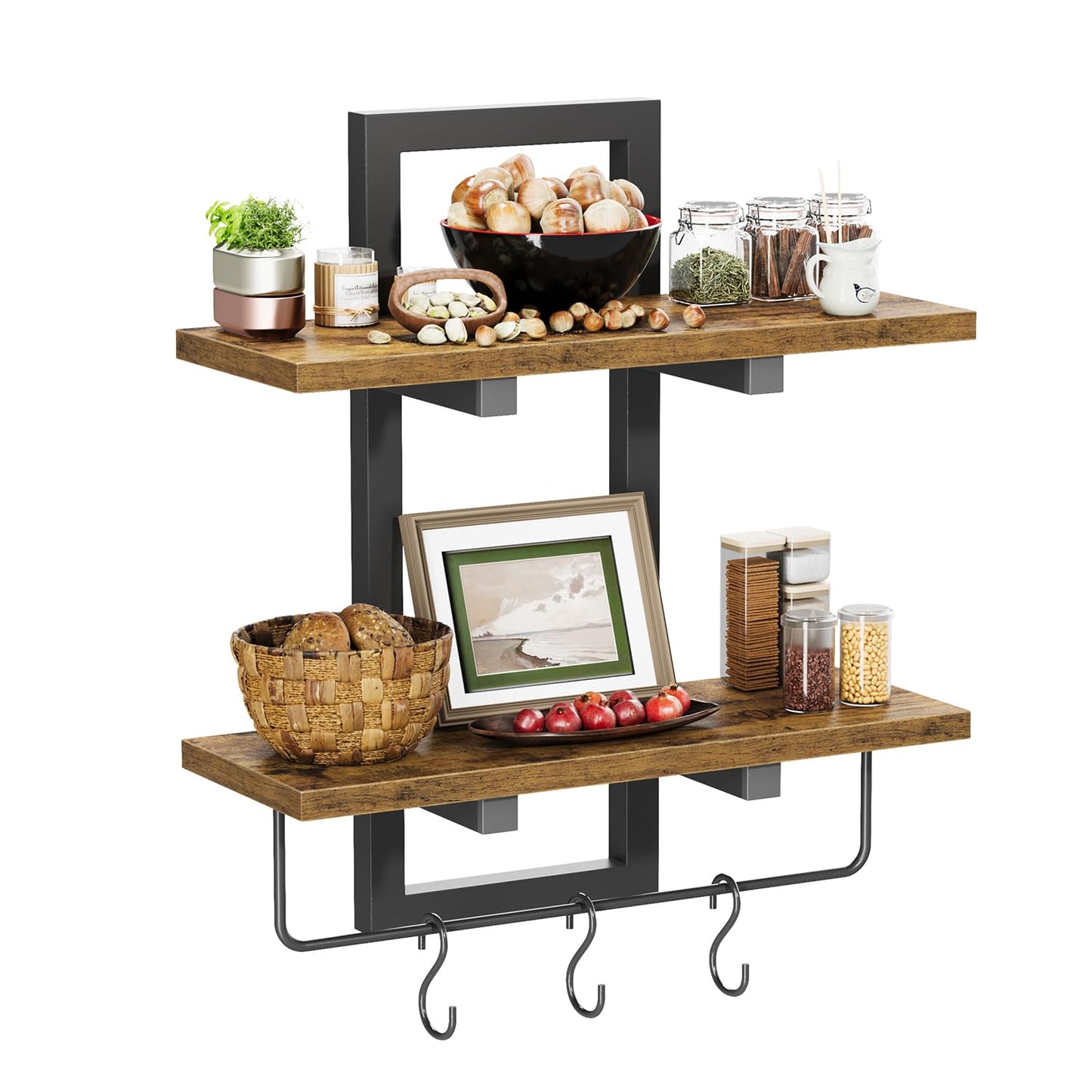 Creso hom Floating Shelves for Wall Set of 2, Wood Wall Shelf with 6 Hooks, 2 Tier Hanging Decorative Storage Shelves for Living Room Bedroom Bathroom Kitchen Office Coffee Bar, Rustic Brown
