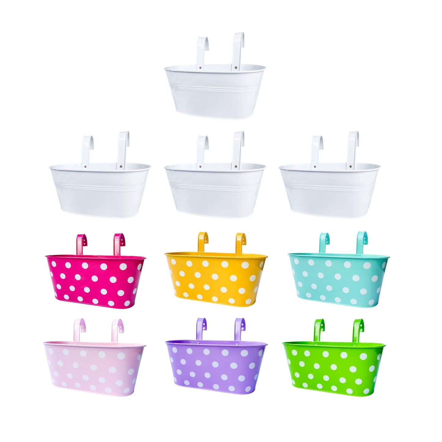 LaLaGreen Bundle - 4 Pack,11.8 Inch White + 6 Pack,11.2 Inch Multicolor Polka Dot Rounded Metal Iron Hanging Flower Pot,Wall Mount Modern Style Window Fence Railing Deck Colorful Plant Box Holder