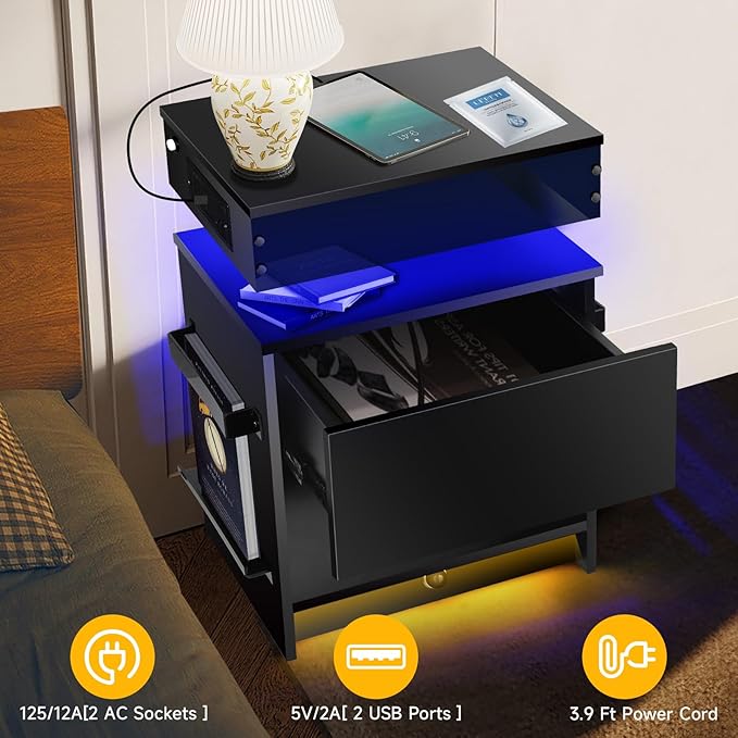 Nightstand with Induction Light & Side Charging Station, Modern Bedside Table
