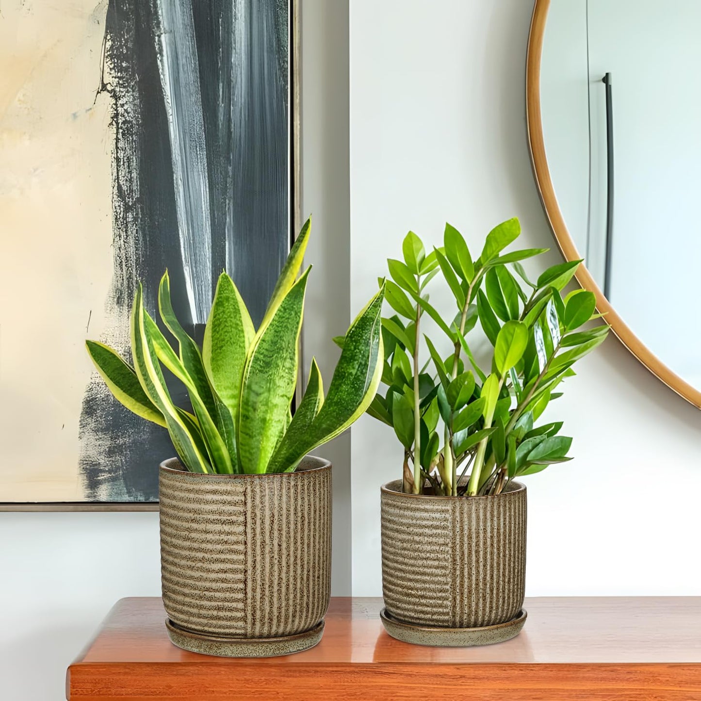 Oairse Ceramic Pots for Indoor Plants, 6.1 +4.9 inch Pots for Plants Set of 2 Brown Plant Pots with Drainage Holes and Saucers Texture Ceramic Planters Indoor Outdoor Flower Pot for Succulent