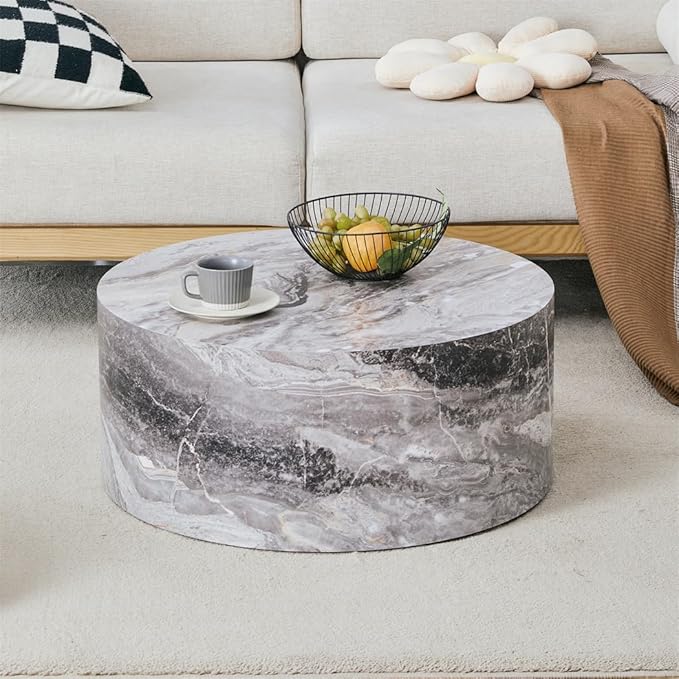 Round Coffee Table Set for 2, Modern Living Room Table Set, Faux Marble Wood