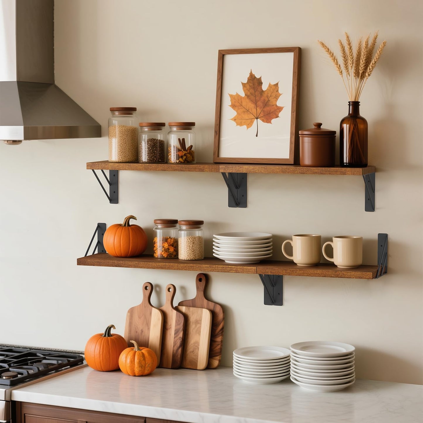 BAYKA Wall Shelves for Bedroom Decor, Floating Shelves for Wall, Display Mounted Rustic Wood Shelf for Books,Plants,Corner Shelves for Bathroom,Kitchen,Living Room(Rustic Brown,Set of 3)